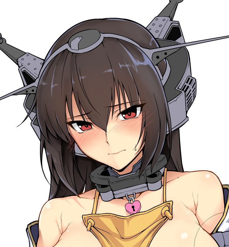1girl, apron, arm_warmers, bare_shoulders, between_breasts, black_hair, blush, breasts, cleavage, closed_mouth, collar, collarbone, embarrassed, eyebrows_visible_through_hair, hair_between_eyes, harukon_(halcon), headgear, heart_lock_(kantai_collection), kantai_collection, large_breasts, lips, long_hair, looking_at_viewer, nagato_(kantai_collection), red_eyes, simple_background, solo, upper_body, white_background, work_in_progress, yellow_apron