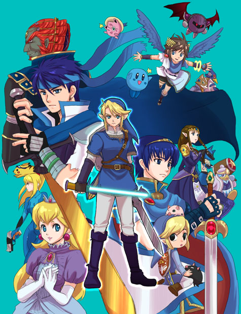 blonde_hair, blue, blue_eyes, blue_hair, brown_hair, cape, crown, everyone