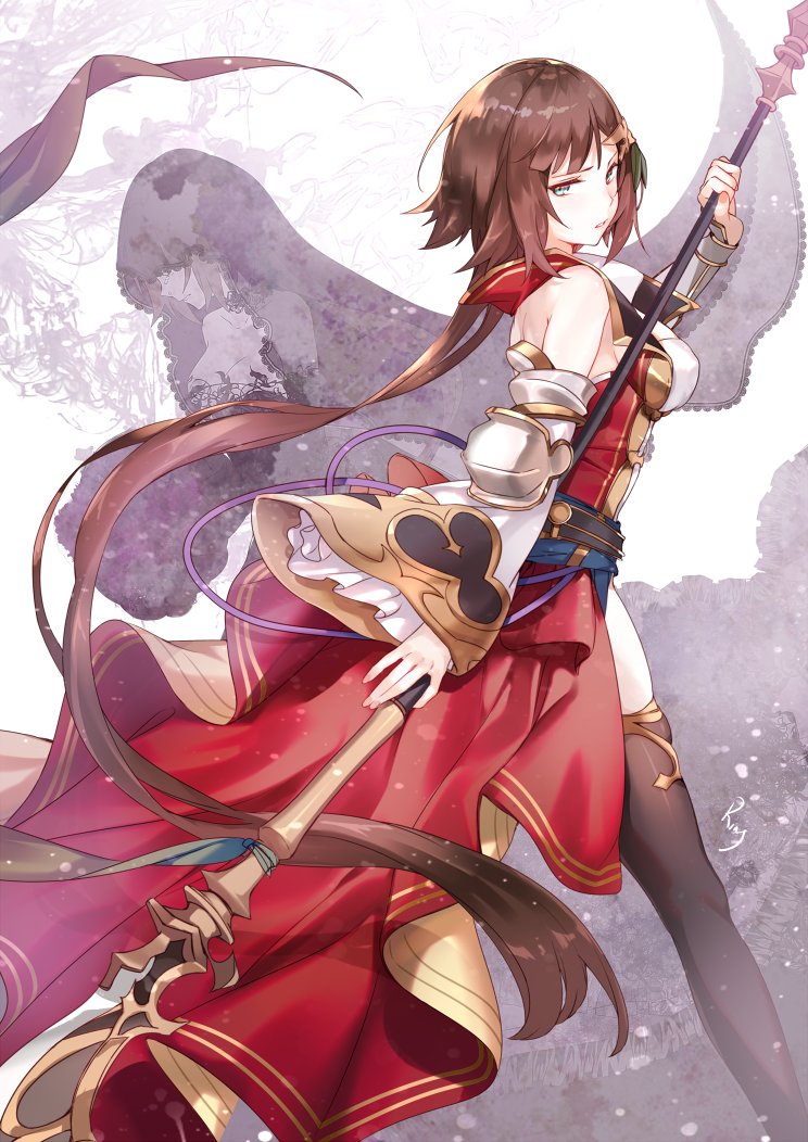 1girl, aki663, bare_shoulders, brown_hair, character_request, granblue_fantasy, green_eyes, leona_(granblue_fantasy)