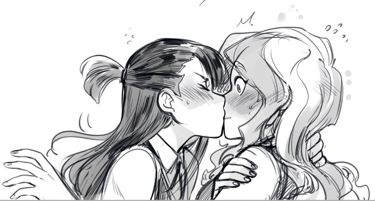 2girls, blush, closed_eyes, diana_cavendish, kagari_atsuko, kiss, little_witch_academia, luna_nova_school_uniform, multiple_girls, sketch, surprised, ticcy, tied_hair, yuri