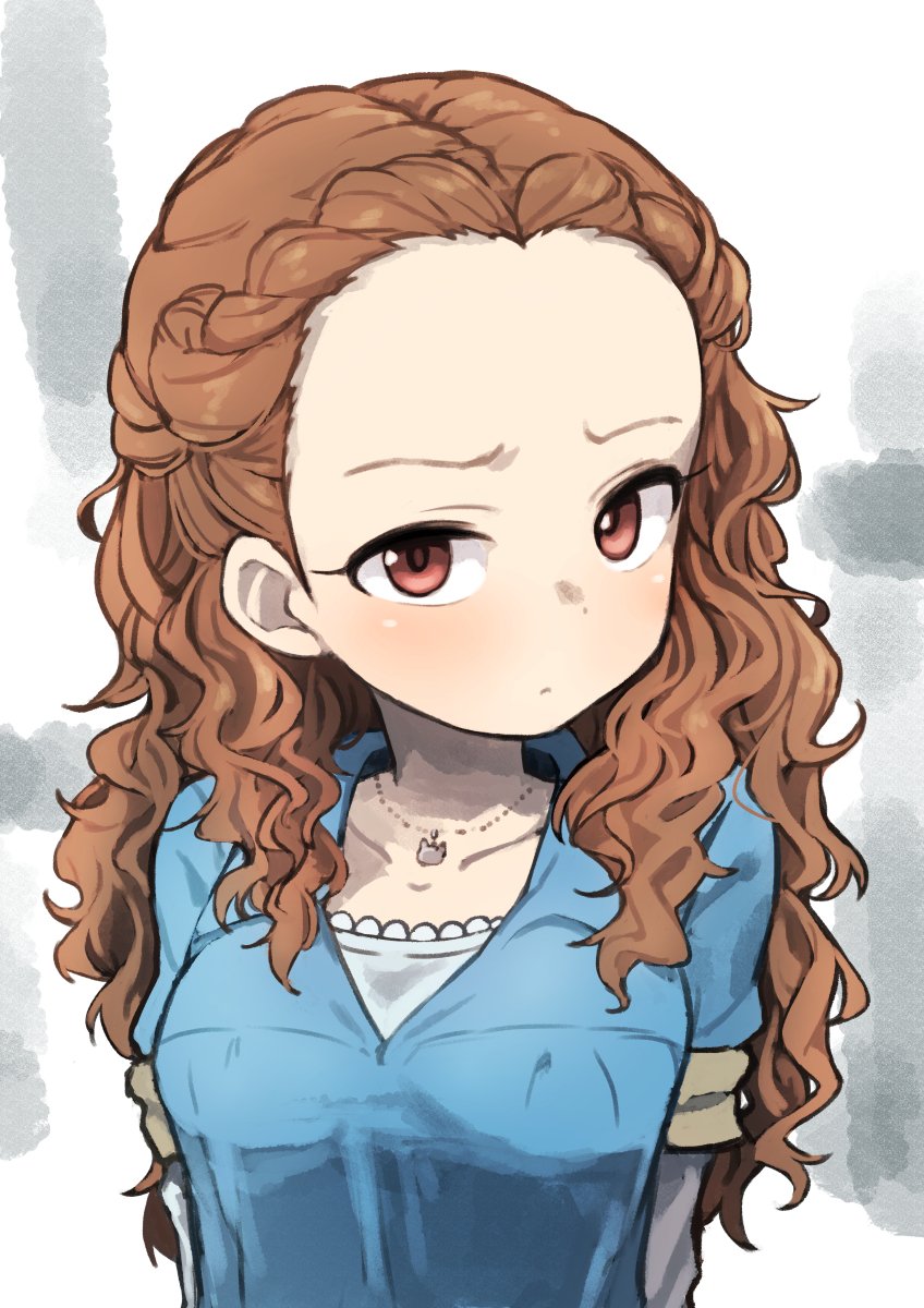 1girl, arms_behind_back, blue_dress, braiding_hair, brown_eyes, brown_hair, commentary, dress