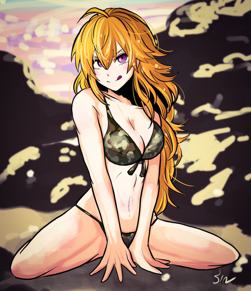 1girl, ahoge, beach, bikini, blonde_hair, camouflage, camouflage_bikini, camouflage_panties, commentary, highres, nibeoka_shin'yasu, panties, rock, rwby, solo, swimsuit, tongue, tongue_out, underwear, violet_eyes, yang_xiao_long