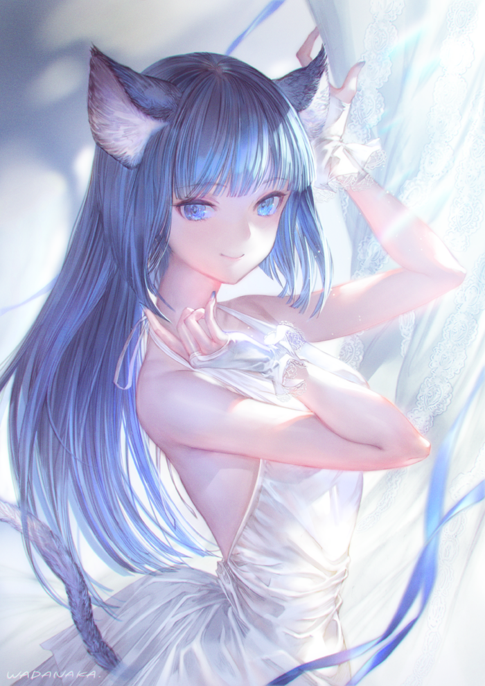 1girl, animal_ears, artist_name, bangs, blue_eyes, blue_hair, blunt_bangs, bridal_gauntlets