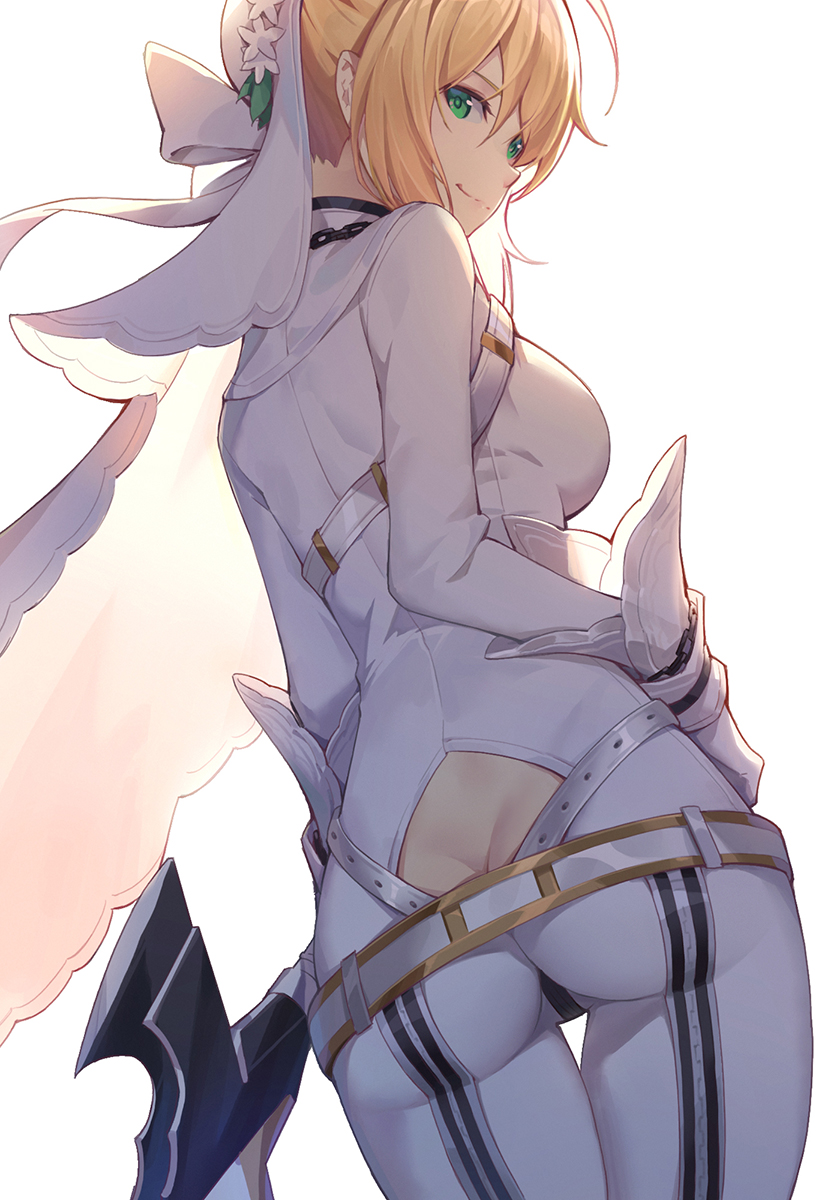 1girl, ass, belt, blonde_hair, bridal_veil, butt_crack, closed_mouth, commentary_request, fate/extra, fate/extra_ccc, fate_(series), from_behind, gloves, green_eyes, highres, looking_at_viewer, looking_back, nero_claudius_(bride)_(fate), nero_claudius_(fate)_(all), nian, short_hair, simple_background, solo, standing, veil, white_background, white_gloves