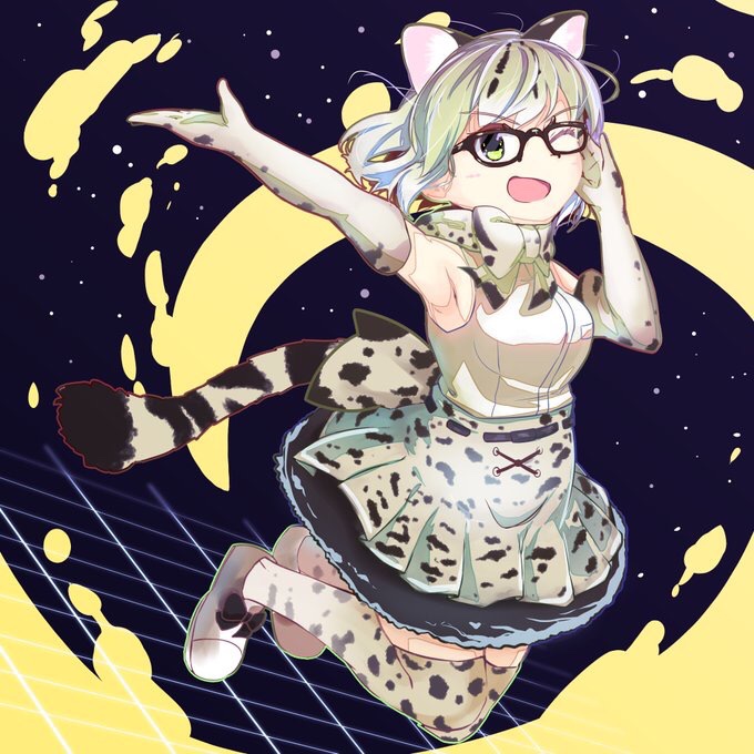 1girl, animal_ears, back_bow, bare_shoulders, blonde_hair, bow, bowtie, brown_hair, cat_ears, cat_tail, elbow_gloves, eyebrows_visible_through_hair, frilled_skirt, frills, glasses, gloves, high-waist_skirt, jumping, kemono_friends, margay_(kemono_friends), margay_print, multicolored_hair, one_eye_closed, pleated_skirt, short_hair, skirt, solo, tail, tamiku_(shisyamo609), thigh-highs, vest