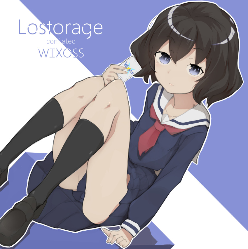 1girl, absurdres, ass, black_footwear, black_hair, black_legwear, blue_shirt, blue_skirt