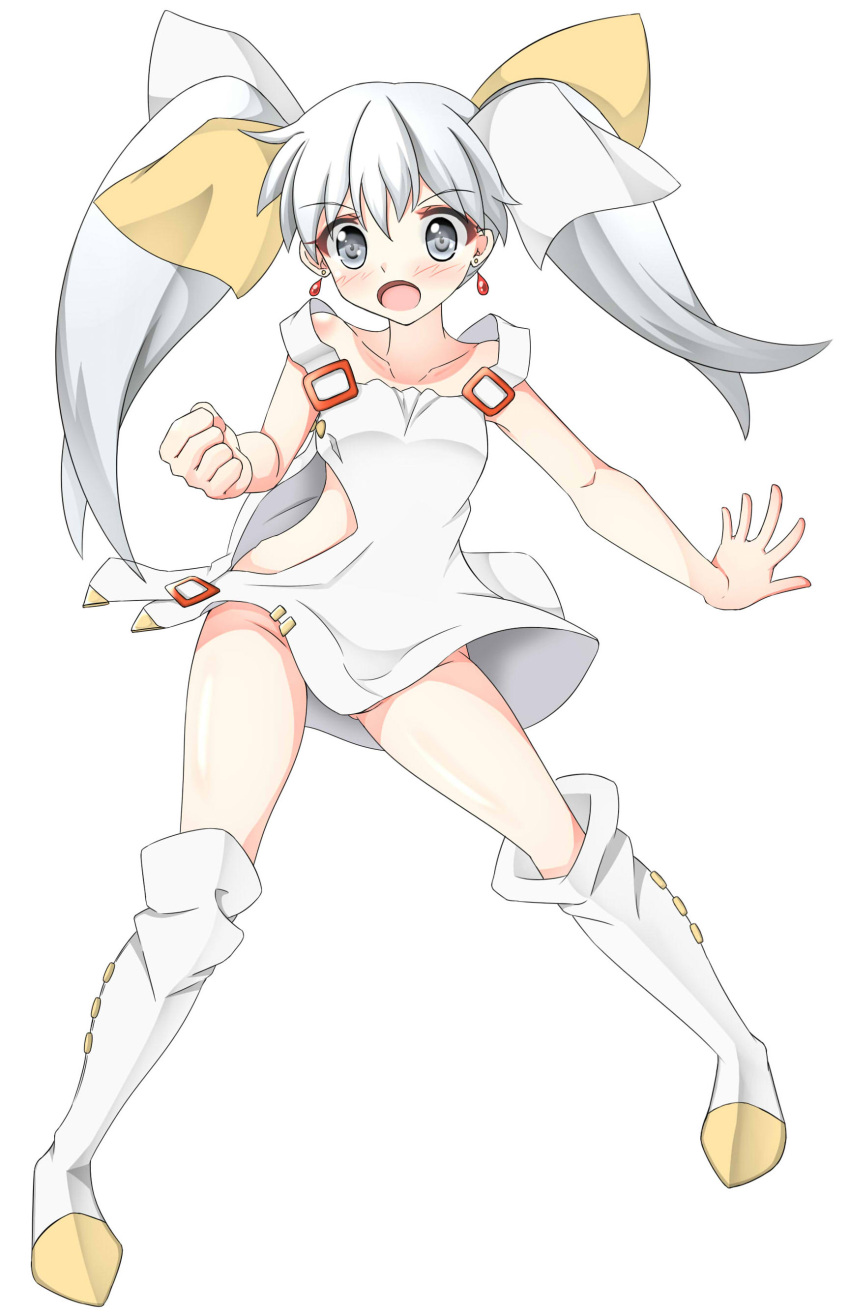 1girl, absurdres, bangs, blush, boots, collarbone, dress, earrings