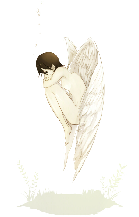 angel_wings, bad_id, barefoot, brown_hair, fetal_position, jan, majutsushi_orphen, nude
