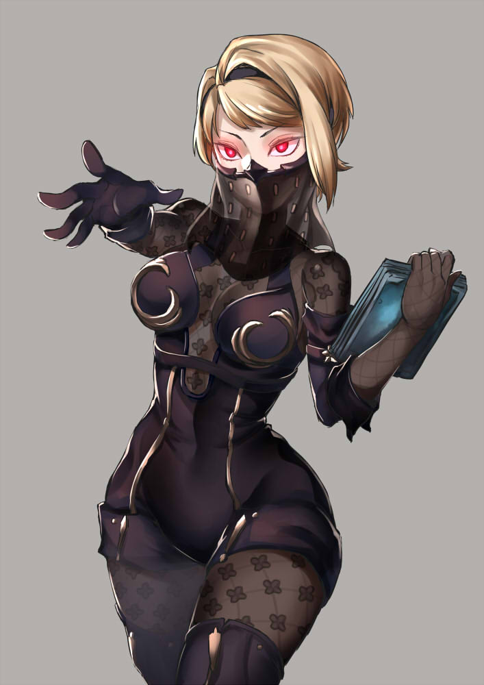 1girl, black_gloves, black_legwear, blonde_hair, bodysuit, breasts, gloves, grey_background