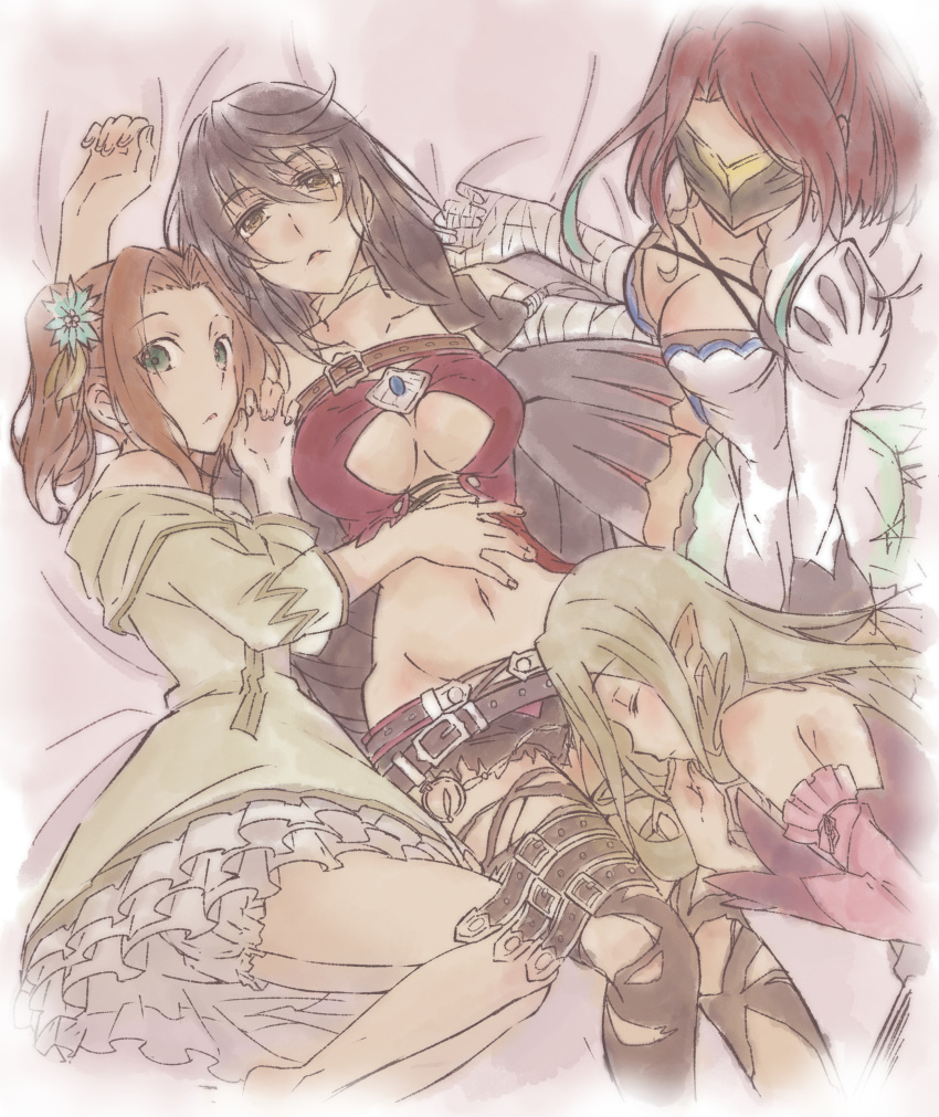 4girls, abs, absurdres, bed, belt, breasts, cleavage_cutout, commentary_request