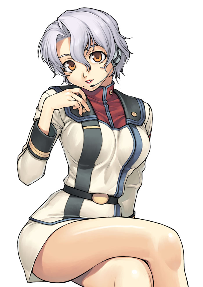 crossed_legs, legs, legs_crossed, macross, macross_7, microphone, mole, sally_ford, short_hair, sitting, tanaka_shoutarou, thighs, uniform