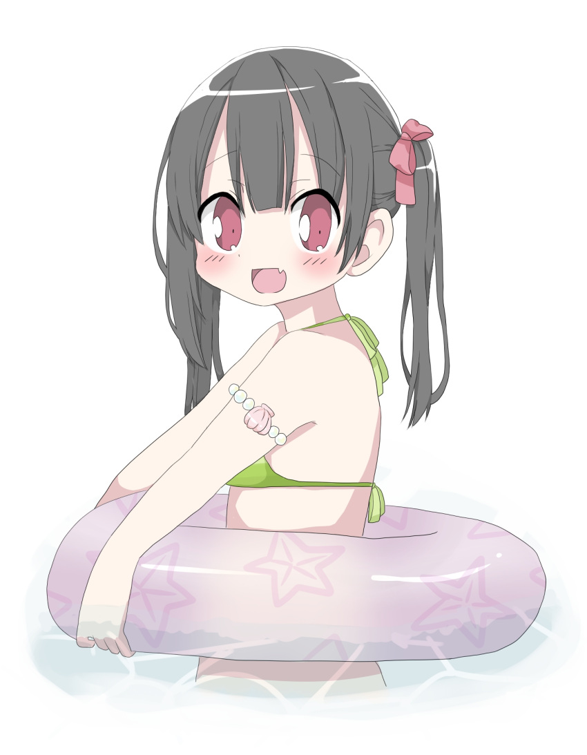1girl, :d, bangs, bikini, black_hair, blush, bow, commentary_request