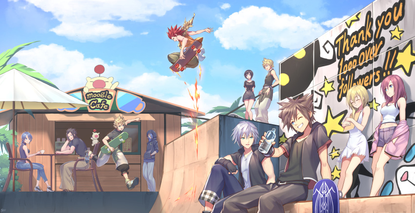 4girls, 6+boys, absurdres, adapted_costume, against_wall, aqua_(kingdom_hearts), axel_(kingdom_hearts), black_hair