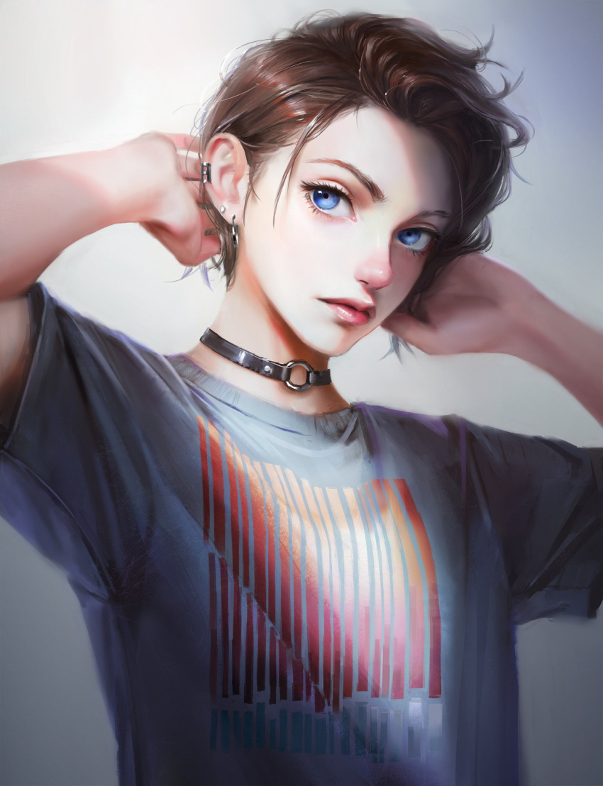 1girl, arata_yokoyama, arms_up, black_choker, brown_hair, choker, closed_mouth, commentary_request