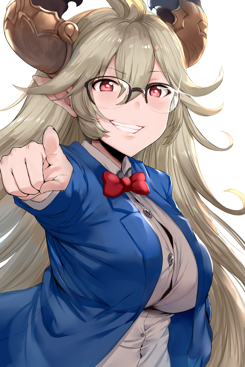 1girl, absurdres, ahoge, blazer, blonde_hair, blue_blazer, blush, bow