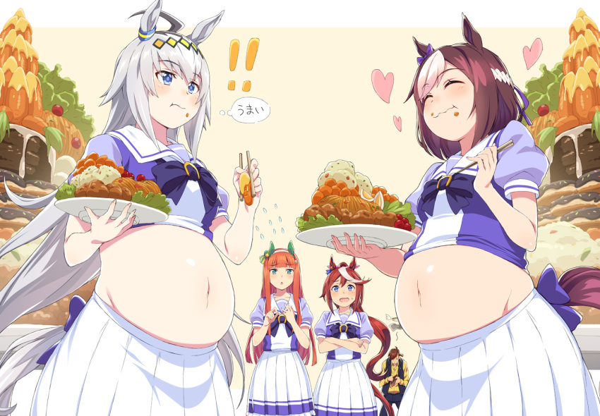 1boy, 4girls, ahoge, animal_ears, bangs, belly, big_belly, black_pants