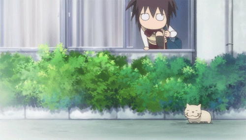 bag, bamboo_blade, brown_hair, cat, chibi, gif, shield, skirt