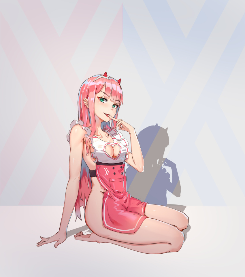 1girl, absurdres, apron, ass, bangs, bare_legs, barefoot, breasts