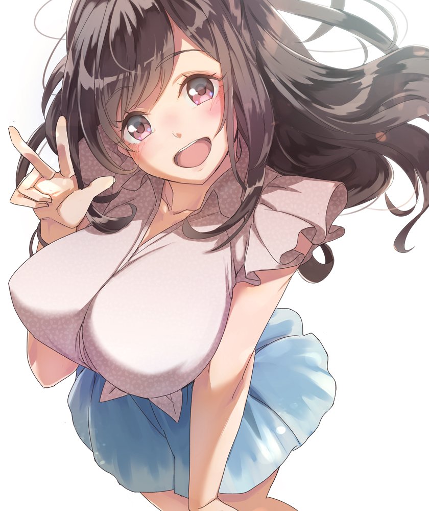 1girl, :d, bangs, blue_skirt, breasts, brown_hair, eyebrows_visible_through_hair, frills