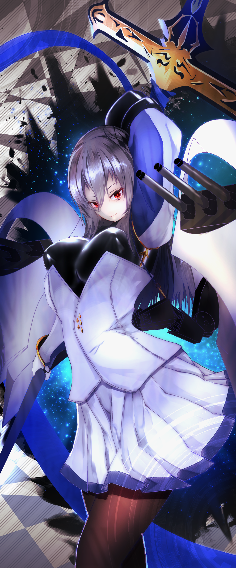 1girl, absurdres, arm_behind_head, azur_lane, bangs, breasts, brown_legwear, cannon
