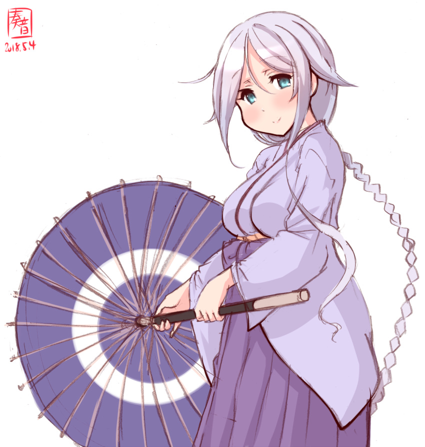 1girl, alternate_costume, artist_logo, braid, commentary_request, cowboy_shot, dated, green_eyes, hair_flaps, hair_tie, hakama, highres, japanese_clothes, kanon_(kurogane_knights), kantai_collection, kimono, lavender_kimono, long_hair, looking_at_viewer, oriental_umbrella, purple_hakama, purple_umbrella, silver_hair, simple_background, single_braid, smile, solo, standing, umbrella, umikaze_(kantai_collection), very_long_hair, white_background