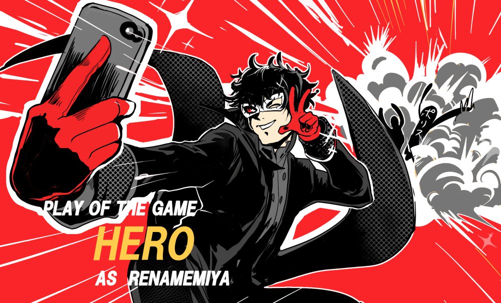 1boy, ;d, amamiya_ren, black_hair, cellphone, d.va_(overwatch), english, gloves, male_focus, mask, one_eye_closed, open_mouth, overwatch, parody, persona, persona_5, phone, play_of_the_game, red_background, self_shot, simple_background, smartphone, smile, sparkle, v
