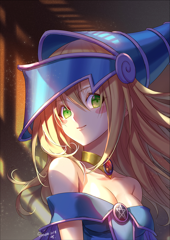 1girl, bare_shoulders, blonde_hair, blush_stickers, breasts, choker, cleavage, dark_magician_girl