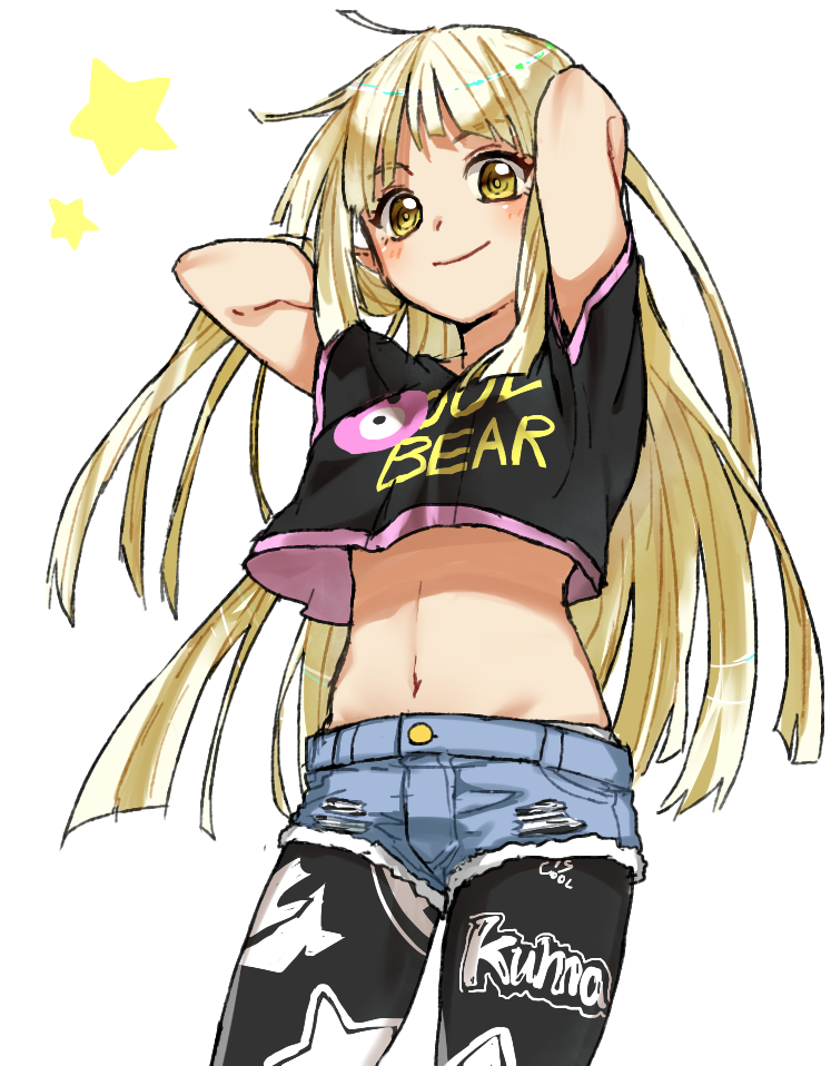 1girl, arms_up, bang_dream!, black_legwear, black_shirt, blonde_hair, blush, clothes_writing, cowboy_shot, crop_top, denim, denim_shorts, hands_in_hair, komiya_harumoto, long_hair, looking_at_viewer, midriff, navel, pantyhose, pantyhose_under_shorts, print_legwear, shirt, shorts, simple_background, smile, solo, star, star_print, t-shirt, torn_clothes, torn_shorts, tsurumaki_kokoro, white_background, yellow_eyes