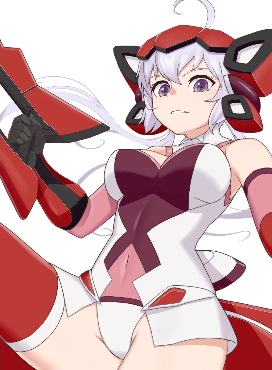 1girl, ahoge, bare_shoulders, bodysuit, gloves, highres, lavender_hair, leotard