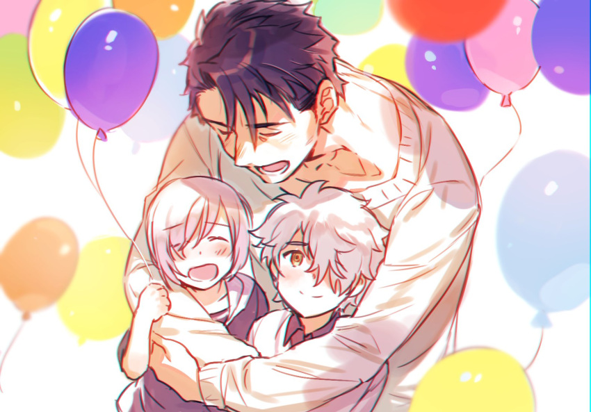 1girl, 2boys, balloon, blush, casual, closed_eyes, closed_mouth, eyebrows_visible_through_hair