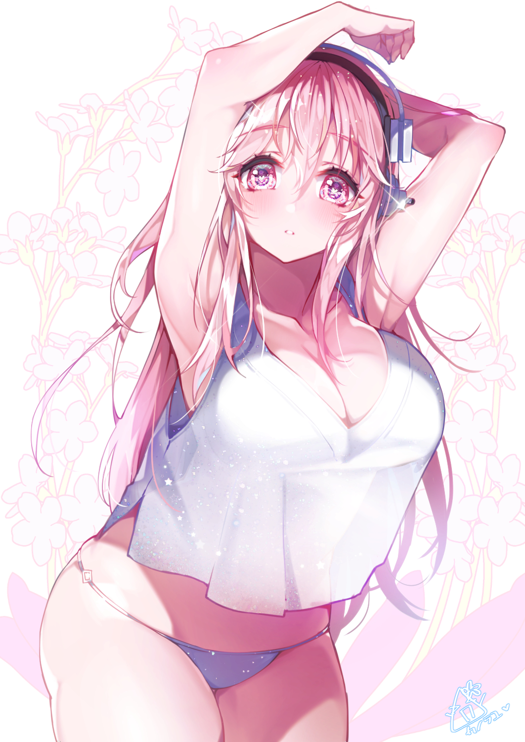 1girl, armpits, arms_behind_head, arms_up, bikini, blush, breasts, cleavage