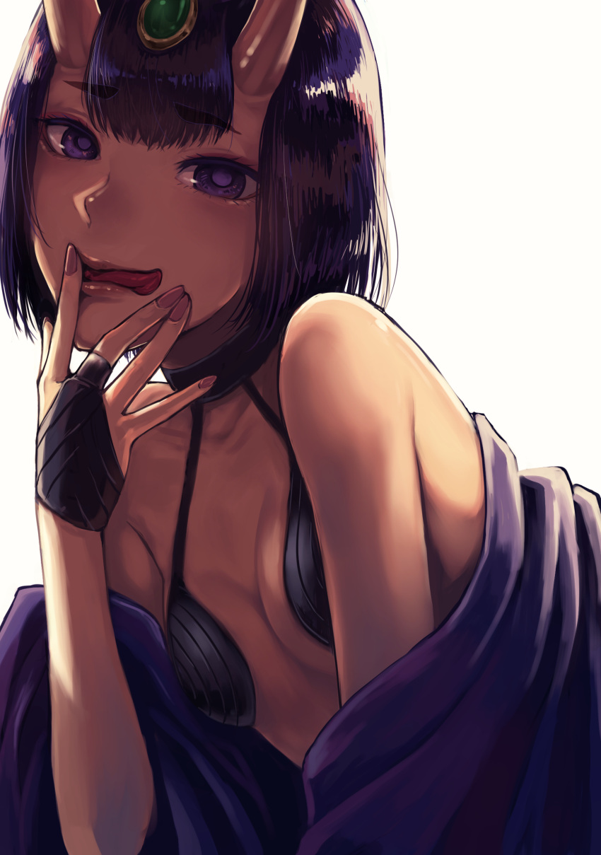 1girl, absurdres, bangs, black_choker, bob_cut, breasts, bridal_gauntlets, choker, eyebrows_visible_through_hair, fate/grand_order, fate_(series), finger_to_mouth, fingernails, gem, hair_ornament, highres, horns, lips, looking_at_viewer, nail_polish, off_shoulder, oni, oni_horns, pink_nails, purple_hair, raito_(latek), revealing_clothes, short_hair, shuten_douji_(fate/grand_order), simple_background, small_breasts, solo, tongue, tongue_out, upper_body, violet_eyes, white_background