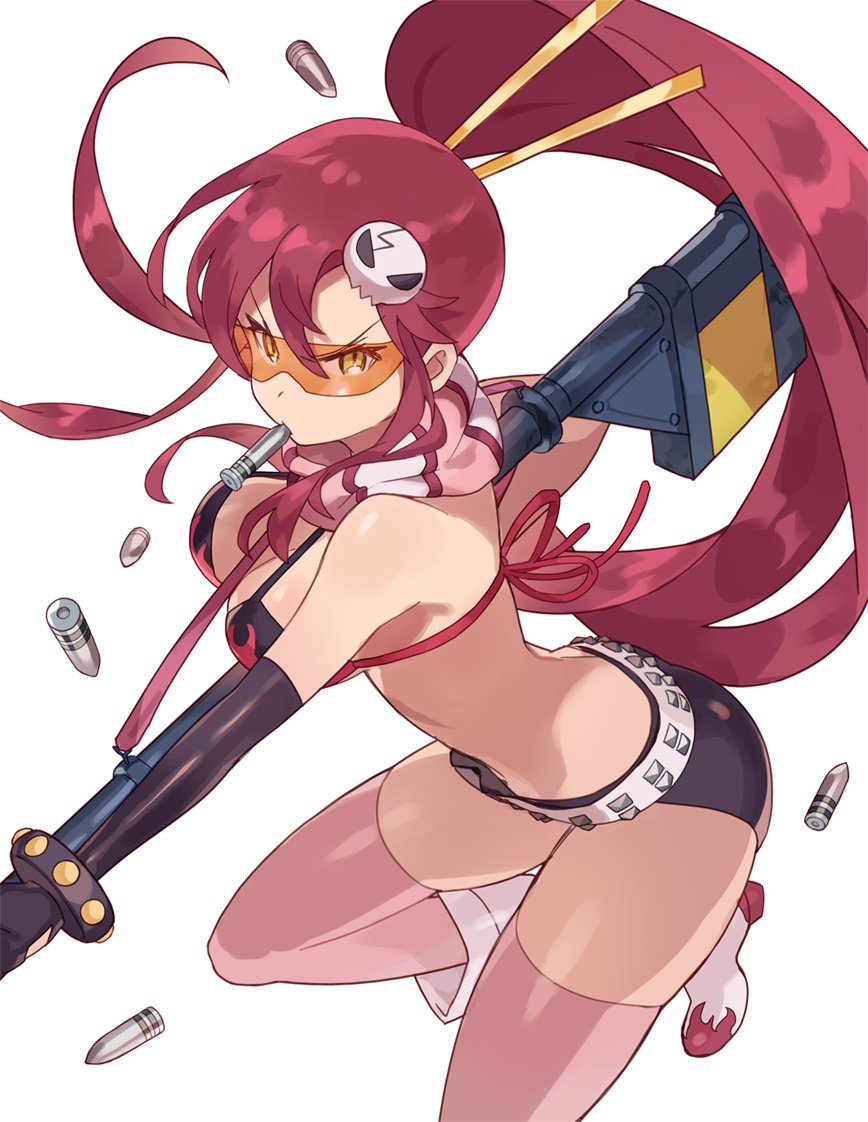 1girl, anti-materiel_rifle, belt, bikini_top, bullet, bullet_casing, bullet_in_mouth, casing_ejection