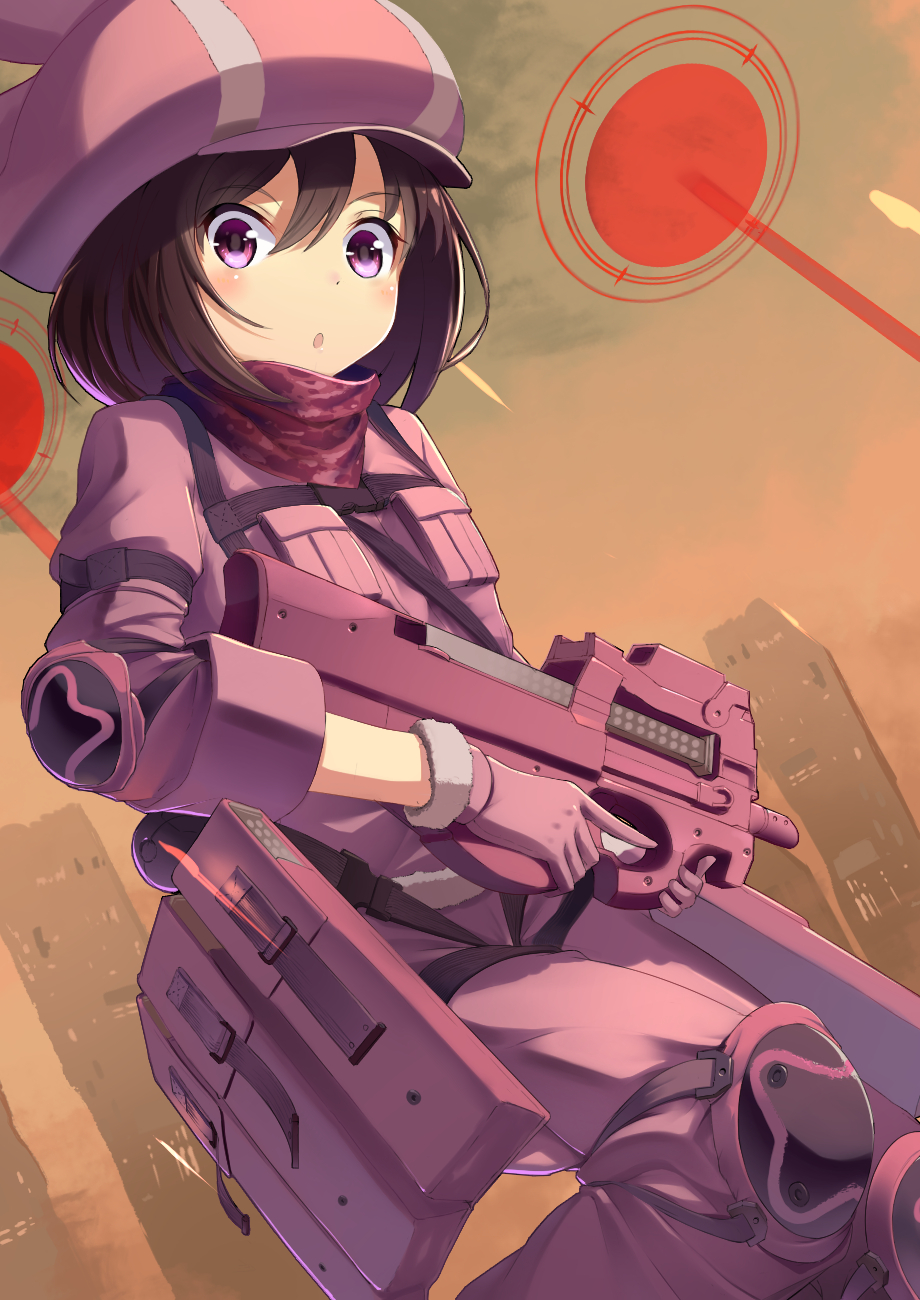 1girl, animal_ears, animal_hat, blush, brown_hair, bullet_line, bullpup, gloves