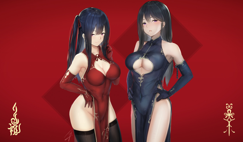 2girls, absurdres, armpits, bangs, bare_legs, bare_shoulders, black_dress, black_gloves, black_hair, black_legwear, blush, breasts, china_dress, chinese_clothes, cleavage, cleavage_cutout, closed_mouth, covered_navel, cowboy_shot, dress, earrings, elbow_gloves, gloves, groin, hair_ribbon, hands_on_hips, hayabusa, highres, huge_filesize, jewelry, large_breasts, long_hair, looking_at_viewer, mole, mole_on_body, mole_on_breast, mole_under_mouth, multiple_girls, no_panties, one_side_up, open_mouth, original, pelvic_curtain, red_background, red_dress, red_gloves, red_ribbon, ribbon, shiny, shiny_hair, signature, simple_background, sleeveless, sleeveless_dress, smile, standing, straight_hair, thigh-highs, violet_eyes