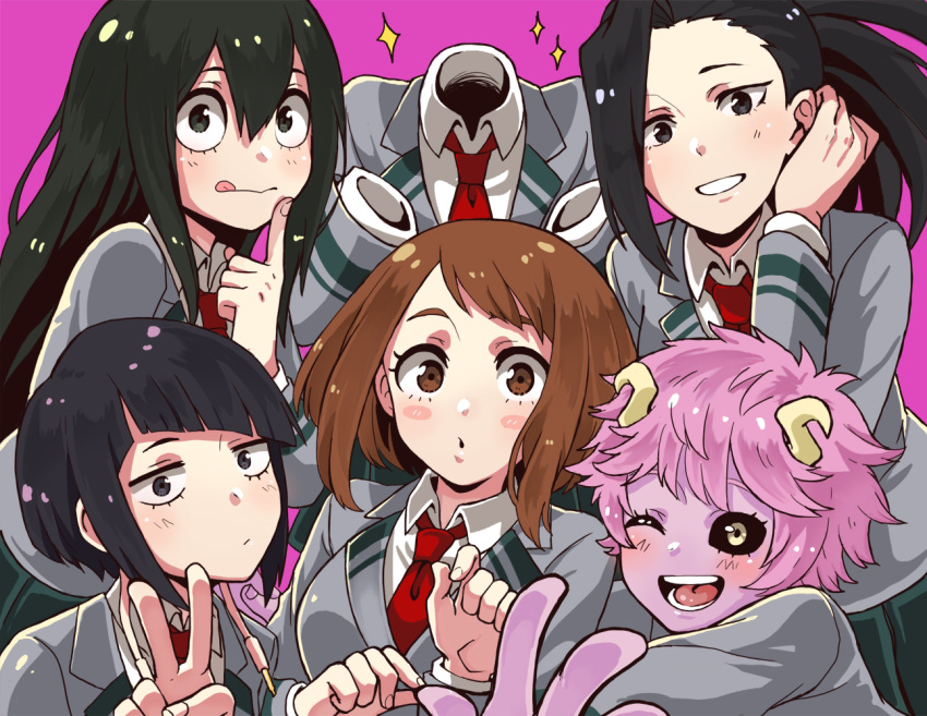 6+girls, ashido_mina, asui_tsuyu, black_hair, black_sclera, blue_hair, blush_stickers, boku_no_hero_academia, brown_hair, hagakure_tooru, horns, index_finger_raised, invisible, jirou_kyouka, looking_at_viewer, monotsuki, multiple_girls, one_eye_closed, pink_background, pink_hair, pink_skin, red_neckwear, school_uniform, serafuku, simple_background, smile, sparkle, uraraka_ochako, v, yaoyorozu_momo