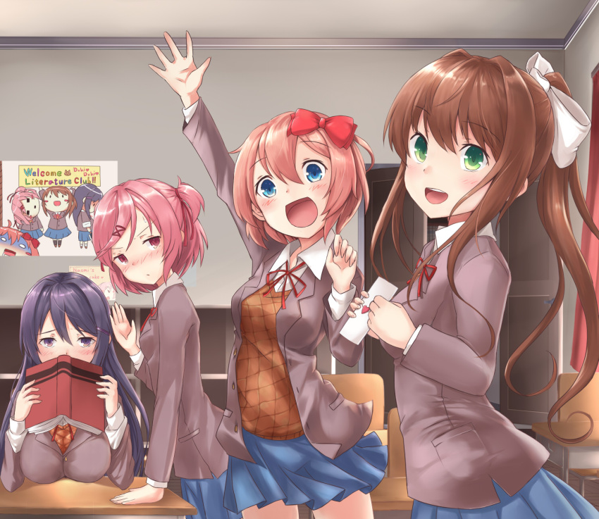 4girls, :d, arm_up, blue_eyes, blue_skirt, blush, book, bow
