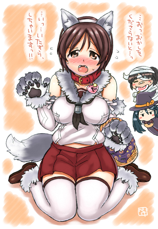 3girls, animal_ears, bandaid, bandaid_on_nose, bare_shoulders, black_neckwear, blush, breasts
