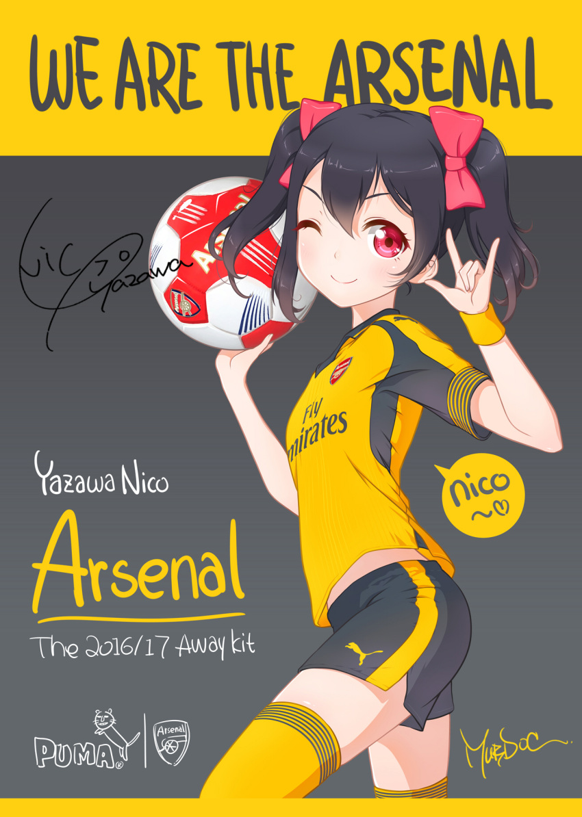 1girl, arsenal_fc, ball, copyright_name, highres, love_live!, love_live!_school_idol_project, one_eye_closed