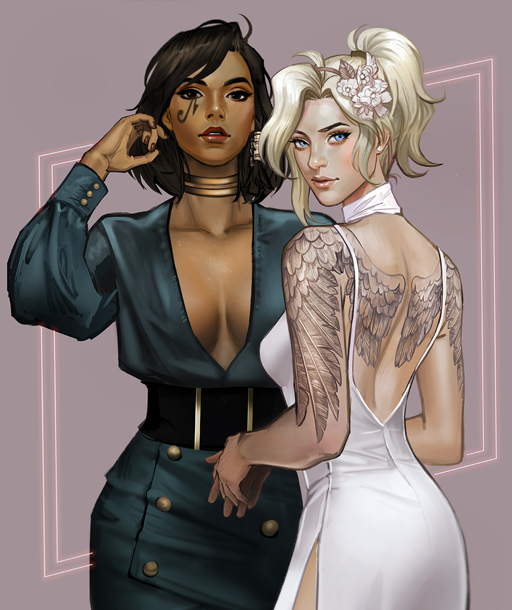 2girls, alternate_costume, back_tattoo, black_dress, black_eyes, black_hair, blue_eyes, blush