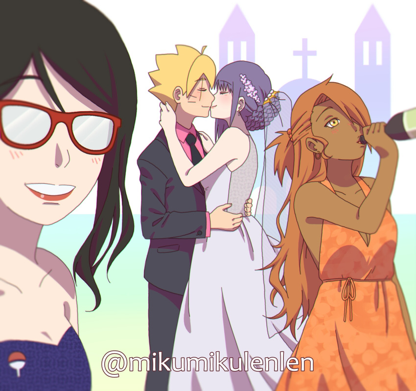 1boy, 3girls, akimichi_chouchou, alternate_hairstyle, ariamikukanzaki, black_hair, blonde_hair, blush