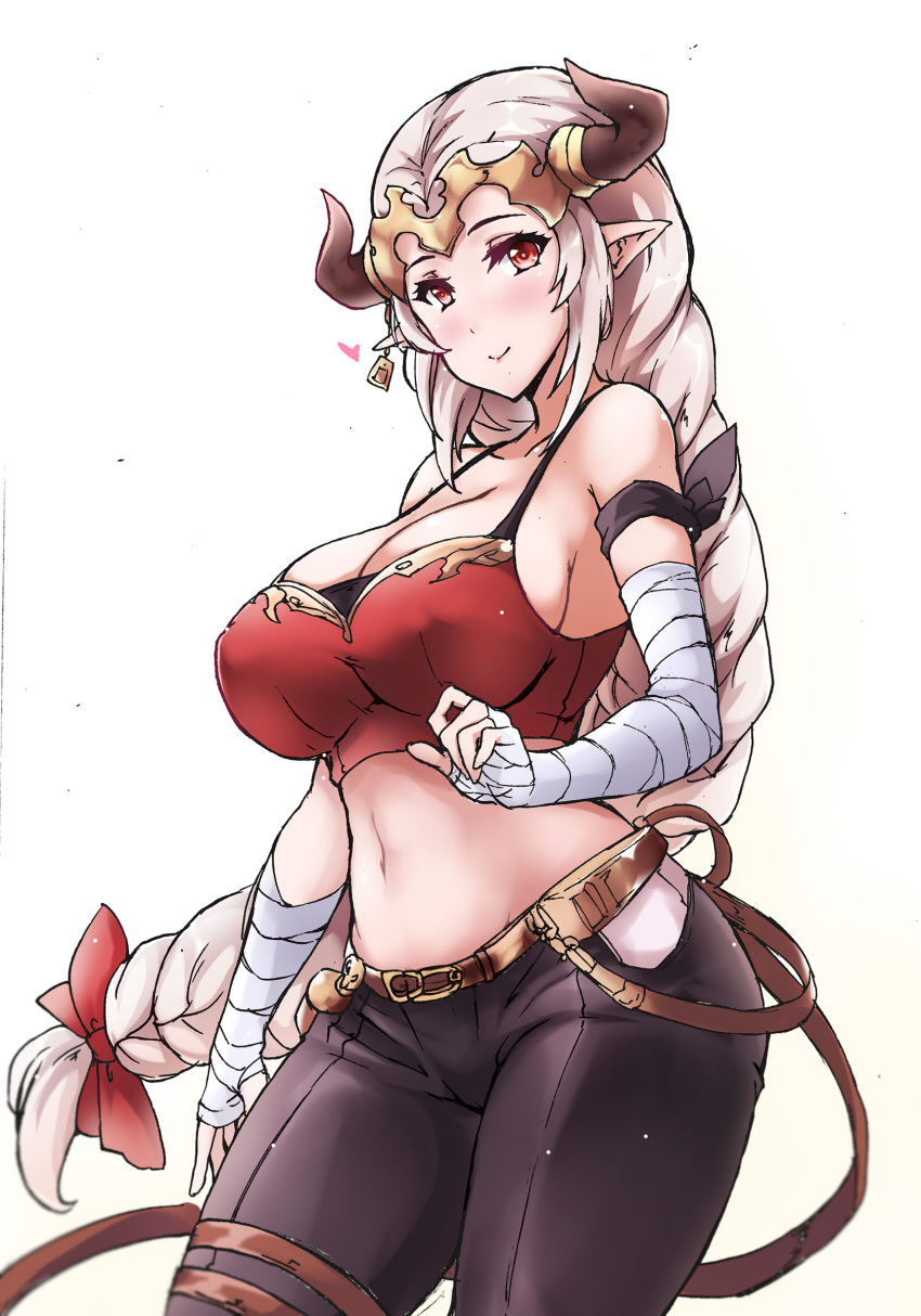 1girl, absurdres, aliza_(granblue_fantasy), arm_wrap, armband, artist_request, bare_shoulders, belt, blush, bow, breasts, cleavage, collarbone, crop_top, draph, earrings, eyebrows_visible_through_hair, granblue_fantasy, hair_bow, hair_pulled_back, headpiece, highres, hips, horns, jewelry, large_breasts, long_hair, looking_at_viewer, low-tied_long_hair, midriff, navel, pointy_ears, red_eyes, sidelocks, silver_hair, simple_background, smile, solo, waist, white_background