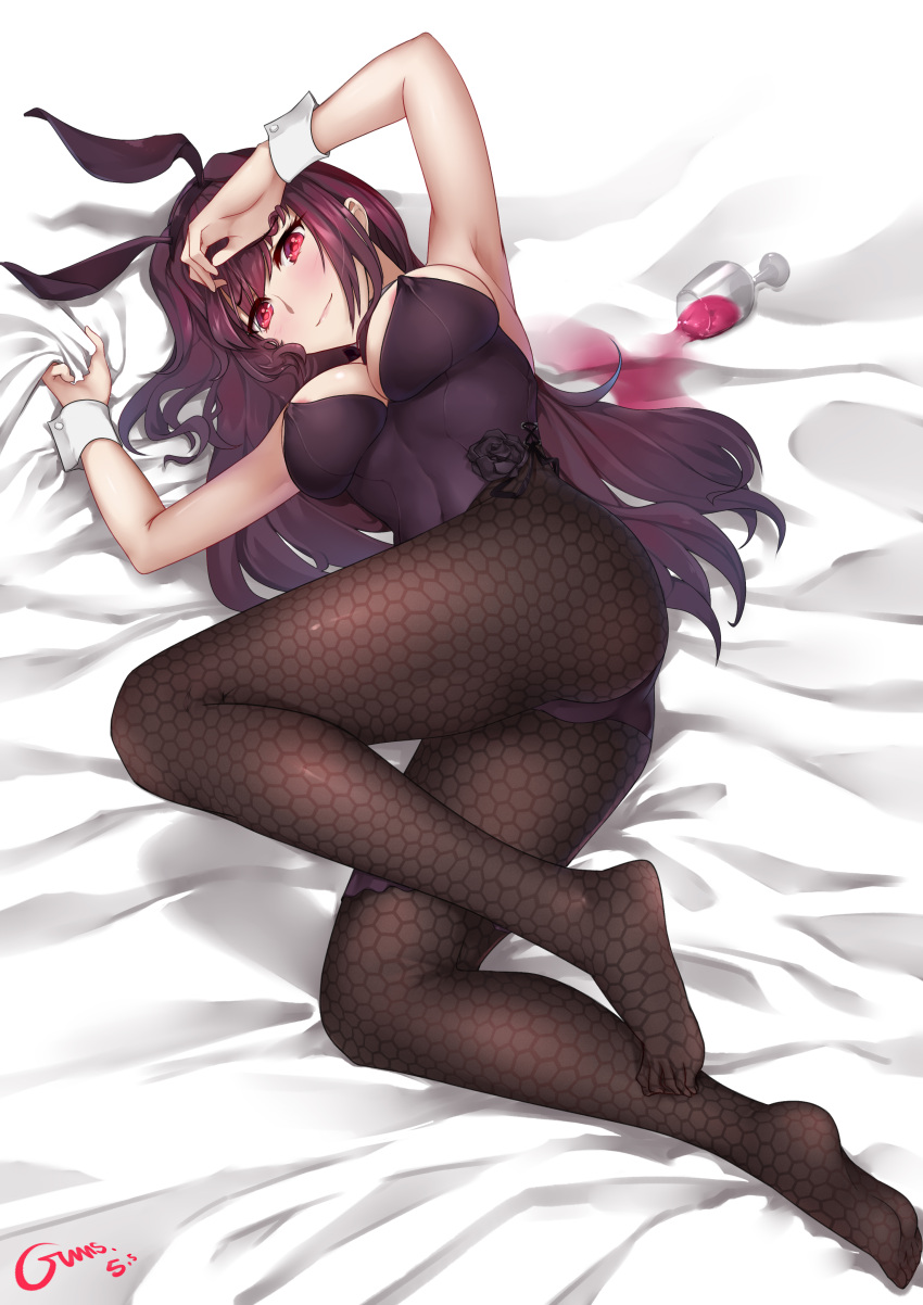 1girl, absurdres, animal_ears, black_legwear, blush, breasts, bunny_girl, bunnysuit