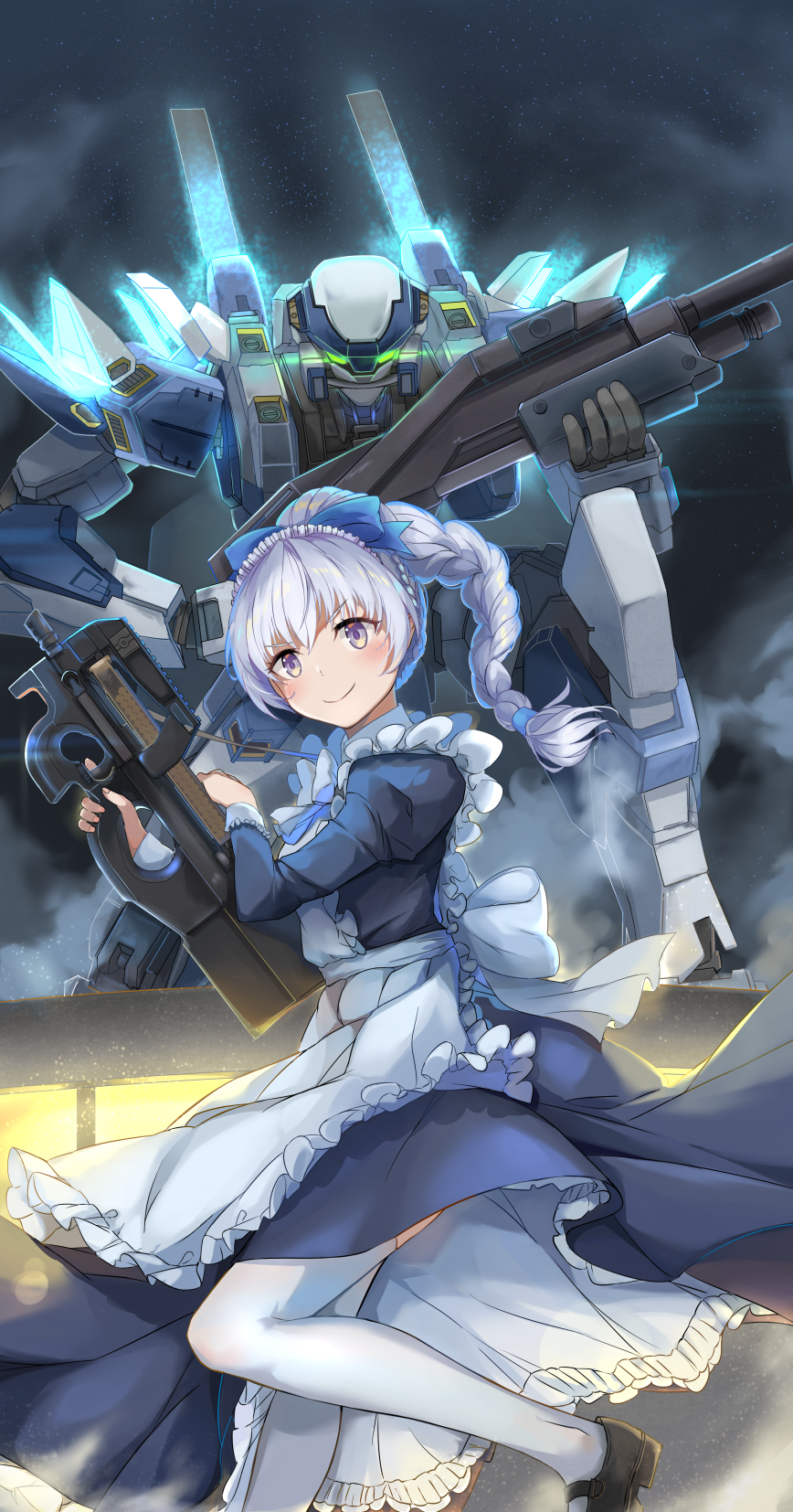 1girl, alternate_costume, apron, arbalest, assault_rifle, bow, braid, enmaided