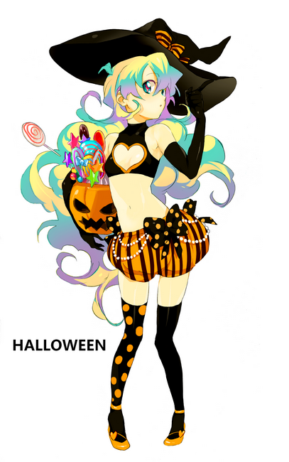 candy, elbow_gloves, flat_chest, gloves, halloween, hat, high_heels, kazuko