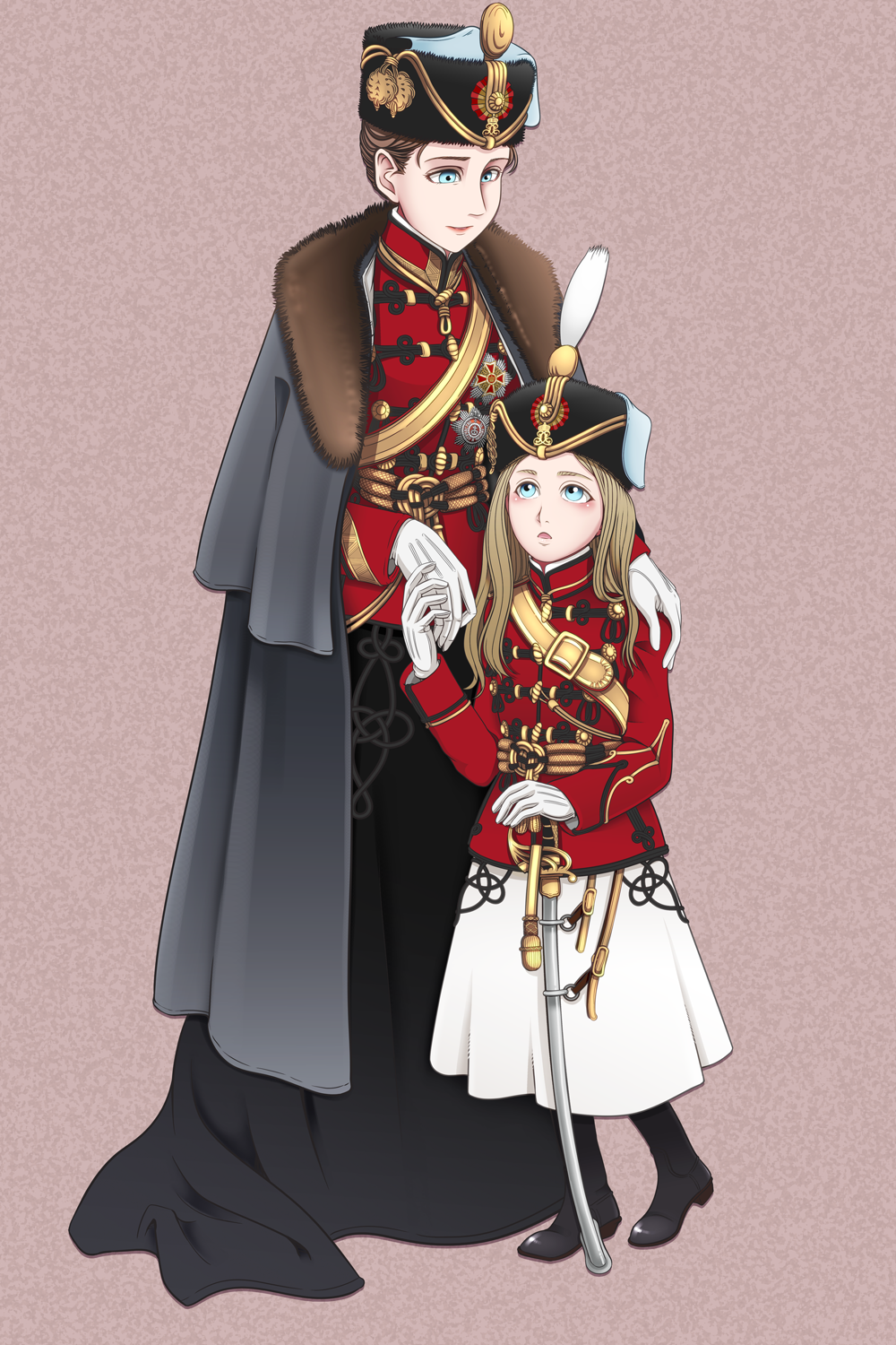 2girls, black_footwear, blonde_hair, blue_eyes, boots, brown_hair, cloak, collared_jacket