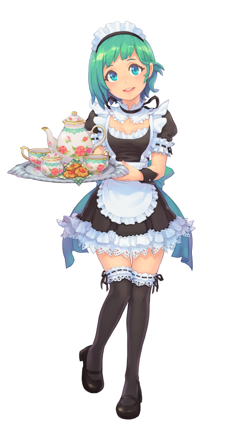apron, bangs, biscuit, black_dress, black_footwear, blue_hair, ceramics, cookie