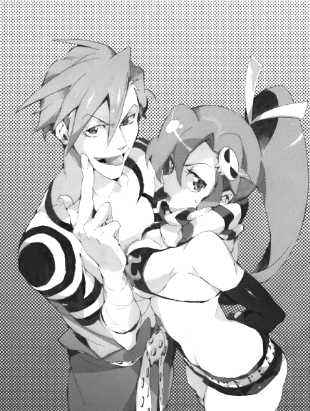 1girl, bandage, bandages, belt, bikini_top, bodypaint, breast_press, breasts, couple, gloves, hair_ornament, hairclip, kamina, kazuko, middle_finger, midriff, monochrome, ponytail, scarf, shirtless, shorts, tengen_toppa_gurren_lagann, tongue, topless, yoko_littner, yoko_ritona