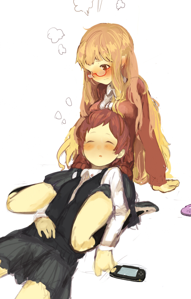 2girls, ano_fuji, blonde_hair, blush, brown_hair, commentary_request, han_(aiueo), handheld_game_console