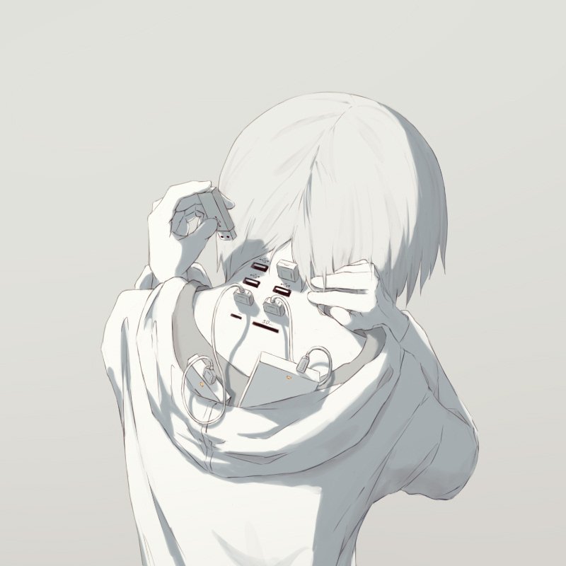 androgynous, avogado6, back, commentary, external_hard_drive, from_behind, gradient, gradient_background